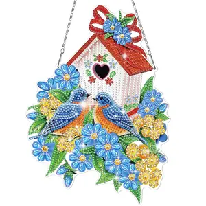 DIY Floral Diamond Painting Kit - Colorful Bird House Diamond Painting Suncatcher,Hanging Ornaments Wall Decor,Gift for Home Garden Window Decoration