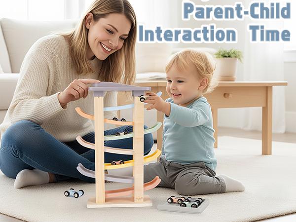 Joyreal Montessori Toddler Toys for 1 2 3 Year Old - 7 Level Wooden Car Ramp Racer Toys with 8 Mini Cars & 2 Garages - Christmas Birthday Gifts for Boys and Girls