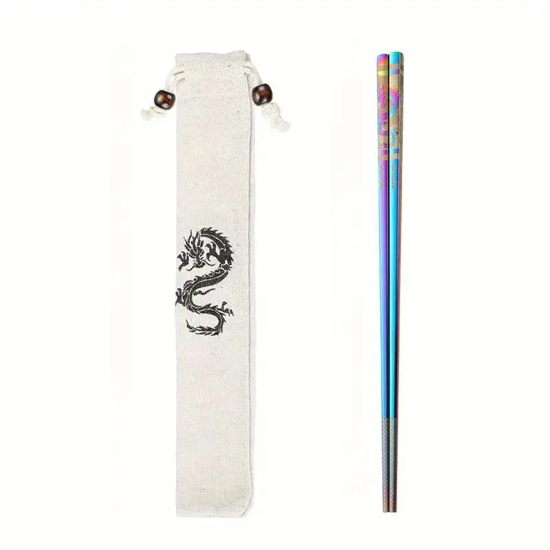 Stainless Steel Chopsticks, 1 Pair Reusable Chinese Dragon Pattern Chopsticks with Storage Bag, Durable Chopsticks for Home Hotel Restaurant, Kitchenware, Tableware, Utensils