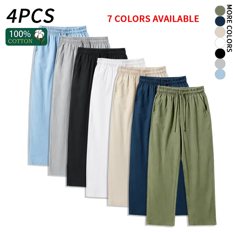 4 Pieces 100% Cotton Linen Pants for Men & Women, Summer Casual Elastic Waist Drawstring Wide Leg Breathable Pants,clothes for back to school,first day of school outfits