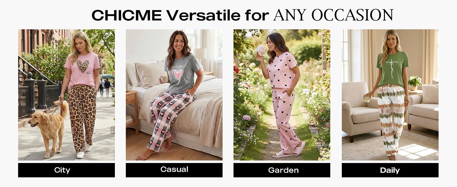 ChicMe Women's 2 Piece Sets Round Neck Short Sleeve Top & Ombre Print Loose Pants Matching Pajamas Sets Fit