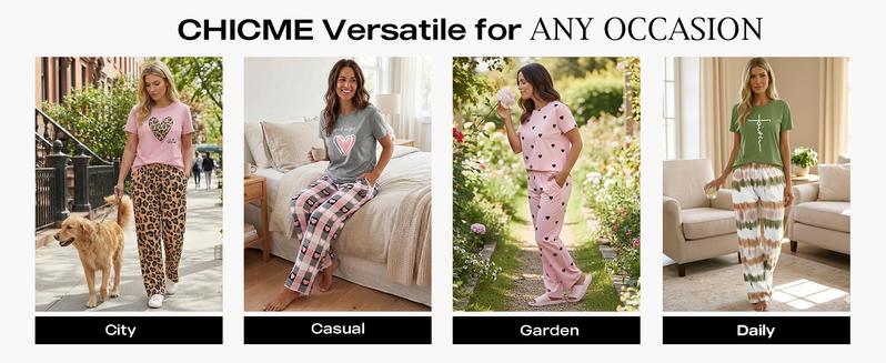 ChicMe Women's 2 Piece Sets Round Neck Short Sleeve Top & Ombre Print Loose Pants Matching Pajamas Sets Fit