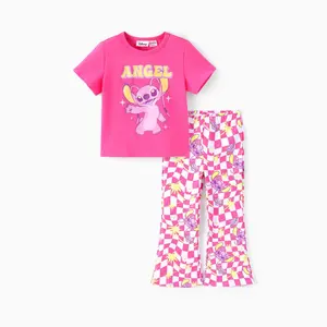 Disney Angel from Lilo & Stitch Girls 2-Piece Outfit Pink T-Shirt & Checkered Flare Pants Set Official Character Apparel for Toddlers & Little Girls Casual Summer Set