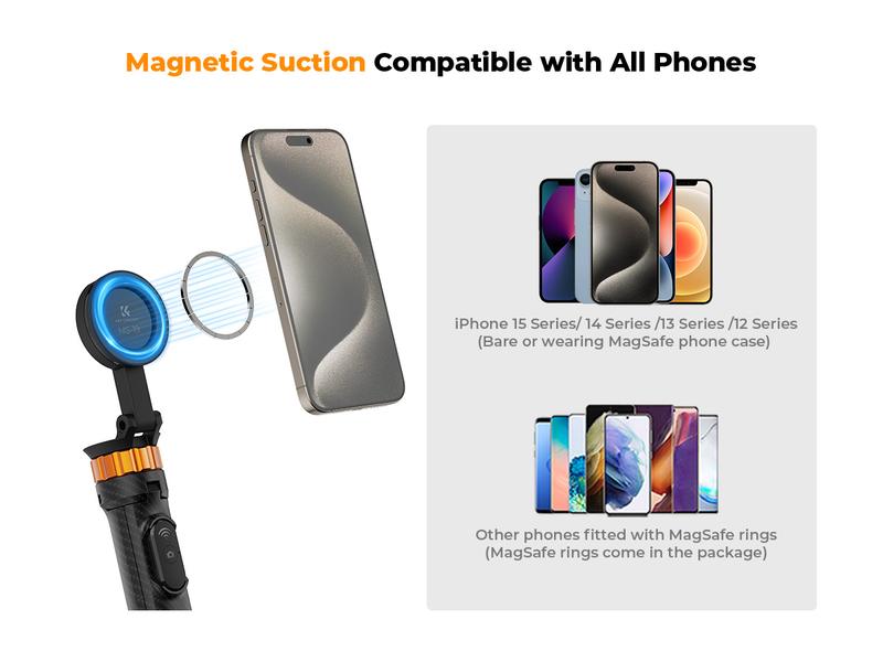 K&F CONCEPT 63.8" (1.62m) Selfie Stick Tripod – MagSafe Magnetic Mount + Built-in Bluetooth Remote| For iPhone 12-16 Pro Max/15/14/13, Works with Selfie Accessories| Ideal for Travel/Live Streaming/Vlogging/Family Gatherings/Daily Use