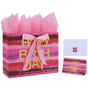 13" Large Pink Multicolor Watercolor Gift Bag Set with Greeting Card and Tissue Papers (Gold Foil ‘Happy Birthday’) for Womens Birthday Party Girls or Kids Party Baby Shower Baby Girl -13”x5.2”x10.2”1 Pcs.