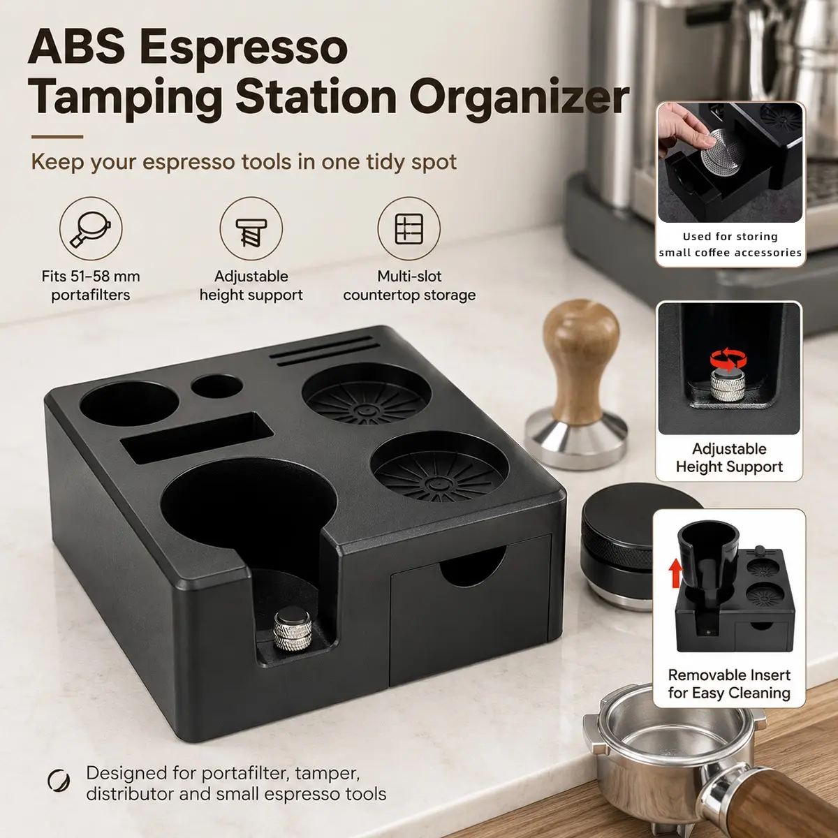 1pcs Espresso Tamping Station,Multifunctional Tamping Station,Drawer-style espresso tamper holder,Non-Slip Tamper Station,Espresso Station fit for Storage 51-58mm Tamper Distributor Portafilter, ABS Tamper Holder,Coffee Portafilter Holder, Espresso Tools