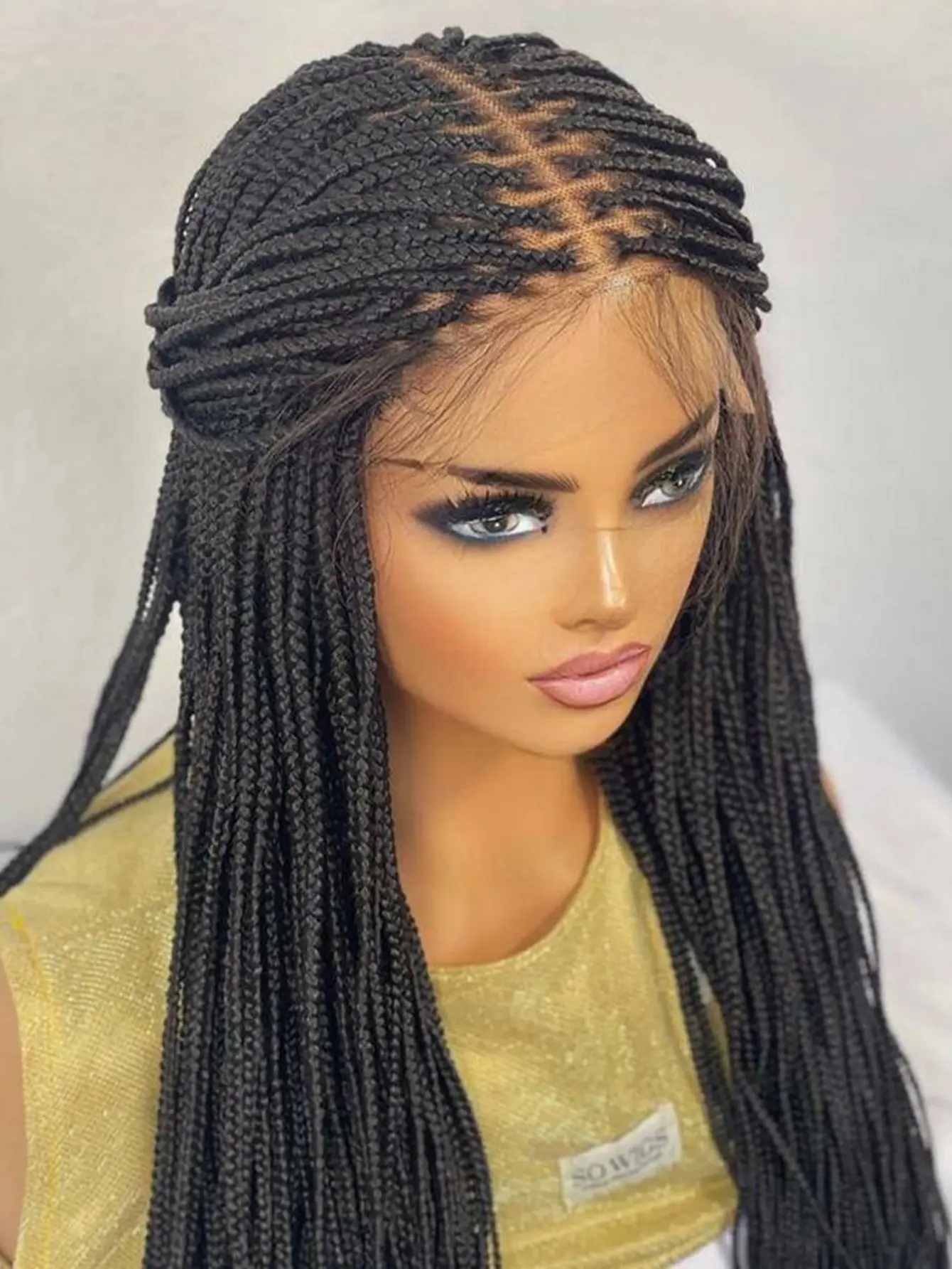 Dosay Elegant Locs Goddess Cornrow Braided Wigs Small Square Synthetic Full Lace Braided Wig Knotless Box Braiding Hair For Black Women 36 inches Daily Work Wedding & Vacation