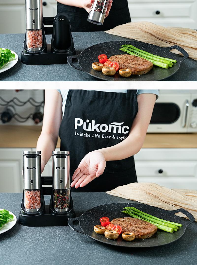 Pukomc Electric Salt & Pepper Grinder Set - 6 Adjustable Coarseness, Rechargeable Base, LED Light, One-Hand Operation, Detachable for Easy Cleaning, Includes 12 Grinders & Accessories Reusable Cooking Kitchen Seasoning Utensils