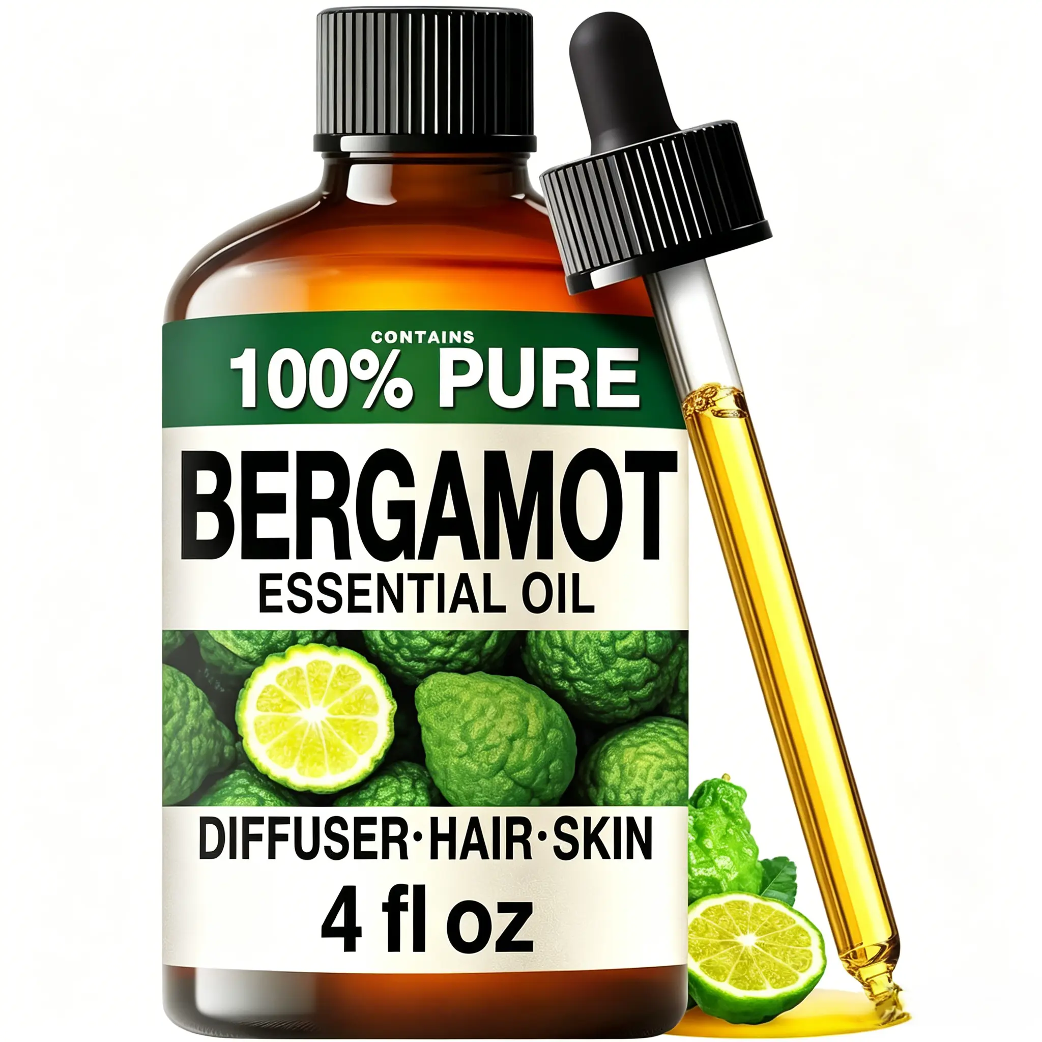 KUKKA Bergamot Essential Oil for Diffuser - 4 Fl Oz Pure Bergamot Oil for Hair, Skin, Diffuser, Aromatherapy & DIY Soap Making Scent