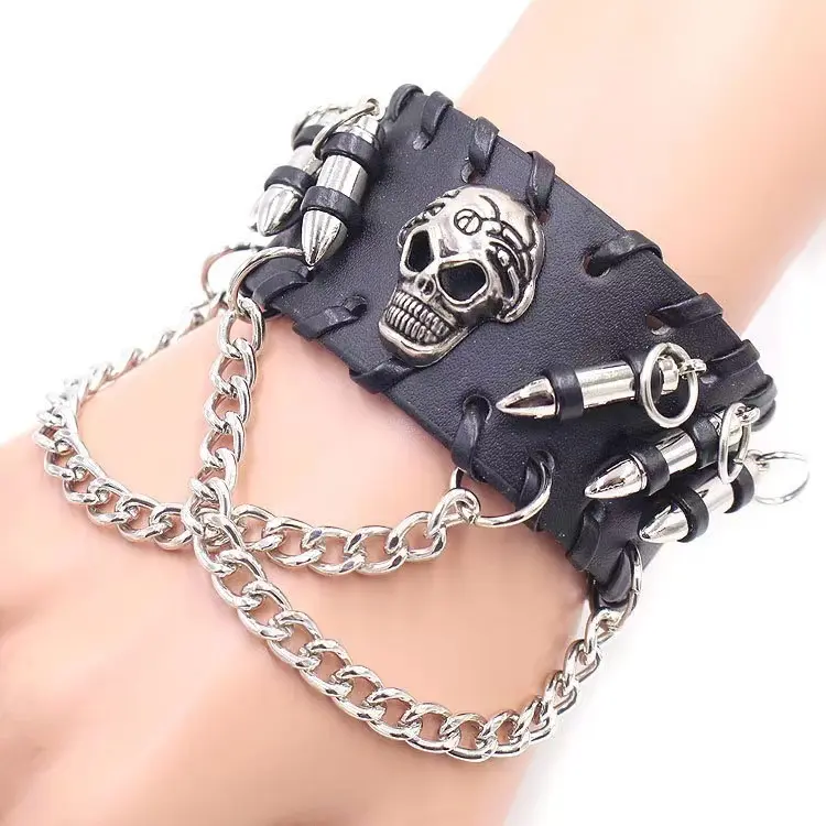 Punk-style skull head bullet-shaped bracelet, leather chain bracelet, hip-hop subculture retro skull chain bracelet, jewelry accessory