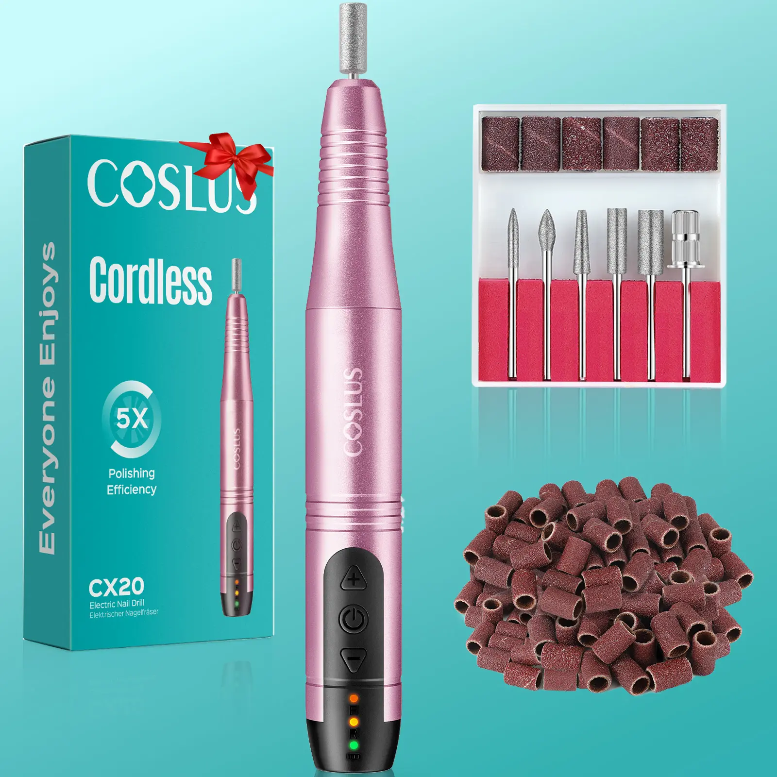 COSLUS C20 Professional Electric Nail Drill Kit, Lightweight & Cordless E-File with 6-Hour Battery, Adjustable Speeds & 6 Bits for Acrylic, Gel, Powder Nails, Gift, Nail Art