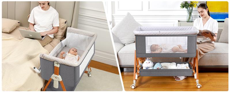 Baby Bassinet Sleeper, 6 Height Adjustable Cribs, Easy to Fold Portable Crib Side Bassinet, Swing Cradle Bed Side Sleeper with Ventilated Net&Wheels Baby Bassinet Sleeper, 6 Height Adjustable Cribs, Easy to Fold Portable Crib Side Bassinet, Swing Cradle Bed Side Sleeper with Ventilated Net&Wheels
