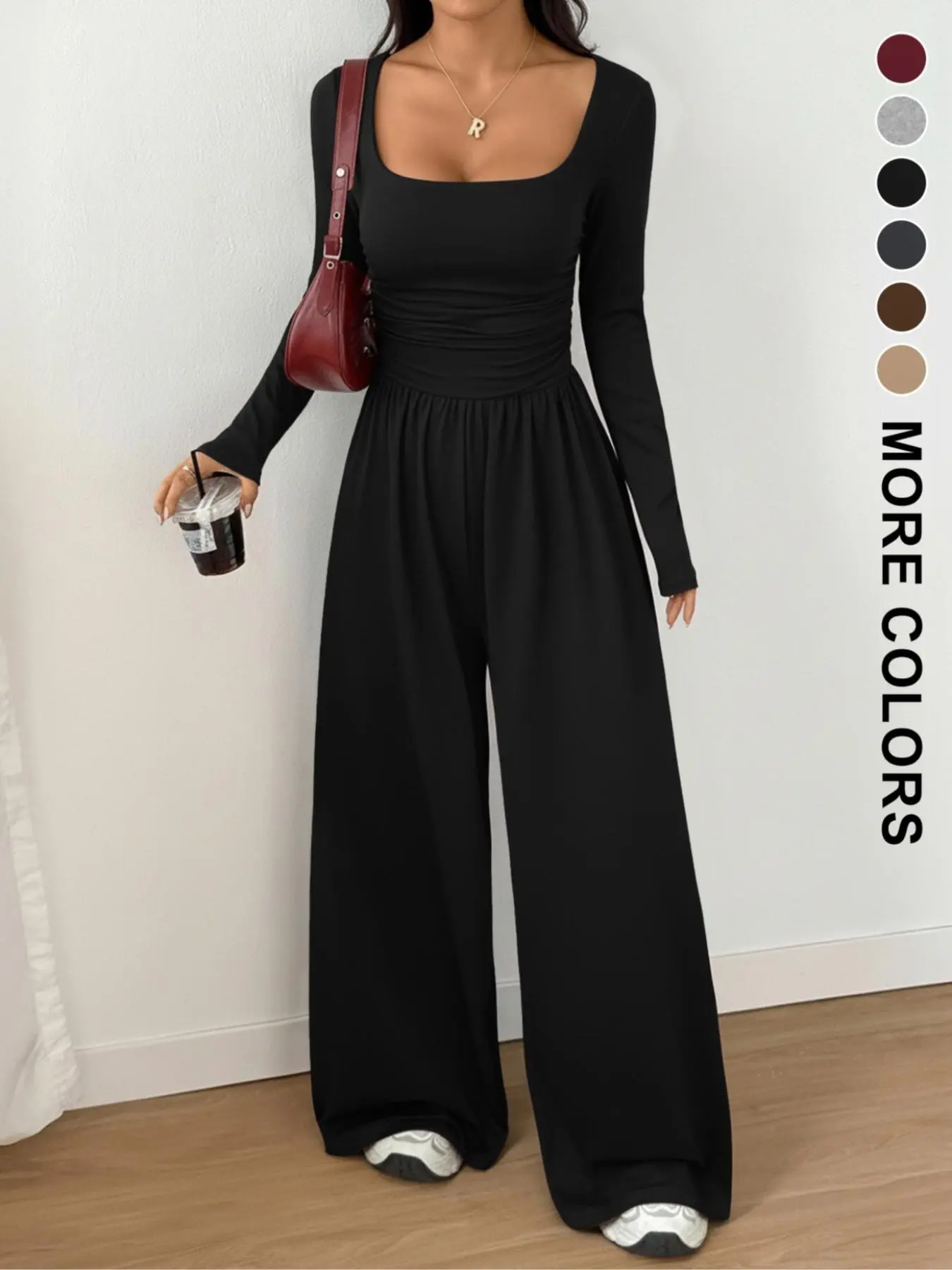 Women's Spring Autumn Winter Knit Plain Wide Leg Elastic Waist Jumpsuit, Casual Comfy Jumpsuit, Casual Fitted Fashionable Simple Versatile One-Piece Pants