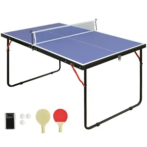 DOUBLE FISH Mid-Size Portable Ping Pong Table, 4ft Compact Foldable Table Tennis Table Set with Net, 2 Paddles & 3 Balls for Indoor Outdoor, Small Spaces And Apartments, Thickened Aluminum Frame