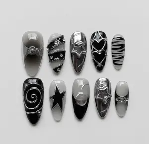 Gothic Black Chrome Press On Nails, Edgy Silver Star Design, Y2K Grunge Metallic Tip