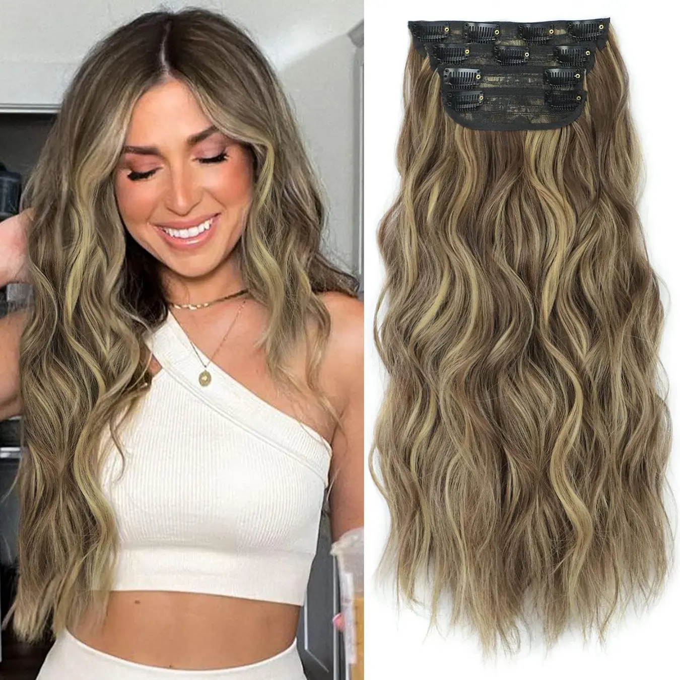 ZIHAN Clip-in Synthetic Hair Extensions - 4PCS Thick Double Weft Hairpieces for Women, Volume-Boosting Body Wave Hairstyle Weft Hair Pieces, Clip In Hair Extensions