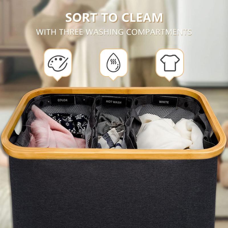 3-Section 160L Laundry Hamper with Lid & Sturdy Handle - Easy Carry Organizer for Bedroom Laundry Room