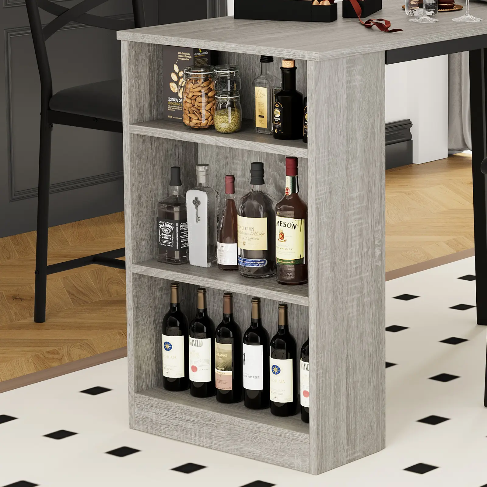GARVEE 3-Piece Bar Table Set with Storage | Space-Saving Dining Set with 2 Comfy Upholstered Chairs, Black