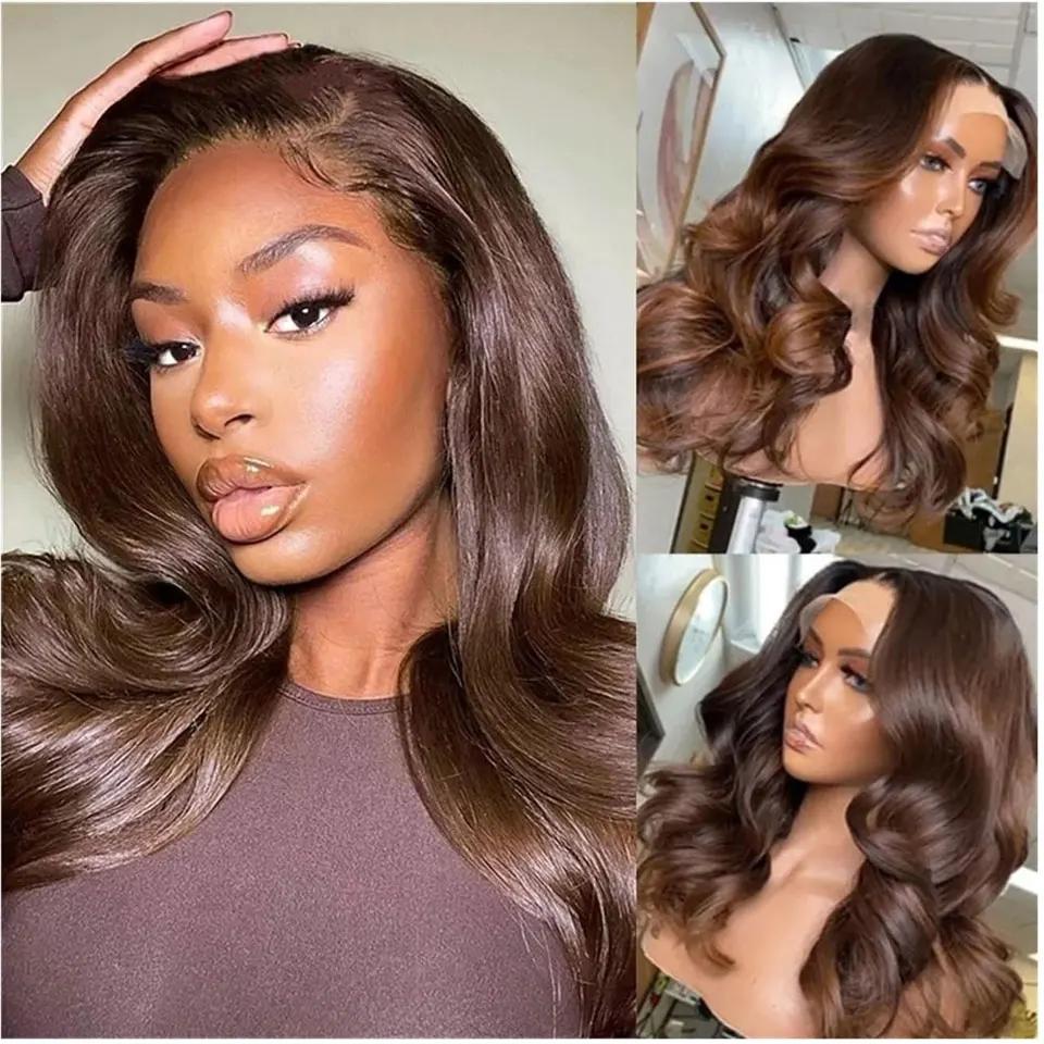 Chocolate Brown Body Wave Wigs Human Hair 13x4 13x6 HD Transparent Lace Front Human Hair Wigs Pre Plucked 7x5 9x6 Glueless Wigs Brazilian Remy Hair Wig 180% Density