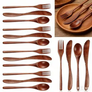 Geiserailie 12 Pcs Wooden Utensils for Eating Wooden Spoon Fork Knife Cutlery Set Kitchen Wood Dinner Flatware Tableware Set Includes Spoon, Fork, Knife