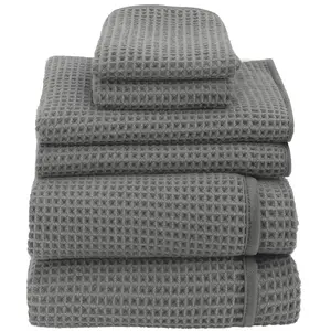 AURA by S&T INC. Towel Set, 6 Piece Set, Premium Waffle Weave, Bath Towels, Wash Cloths and Hand Towels for Bathroom, Kitchen, and Home, Absorbent and Fast Drying Microfiber, 420gsm, 6 Pack, Grey