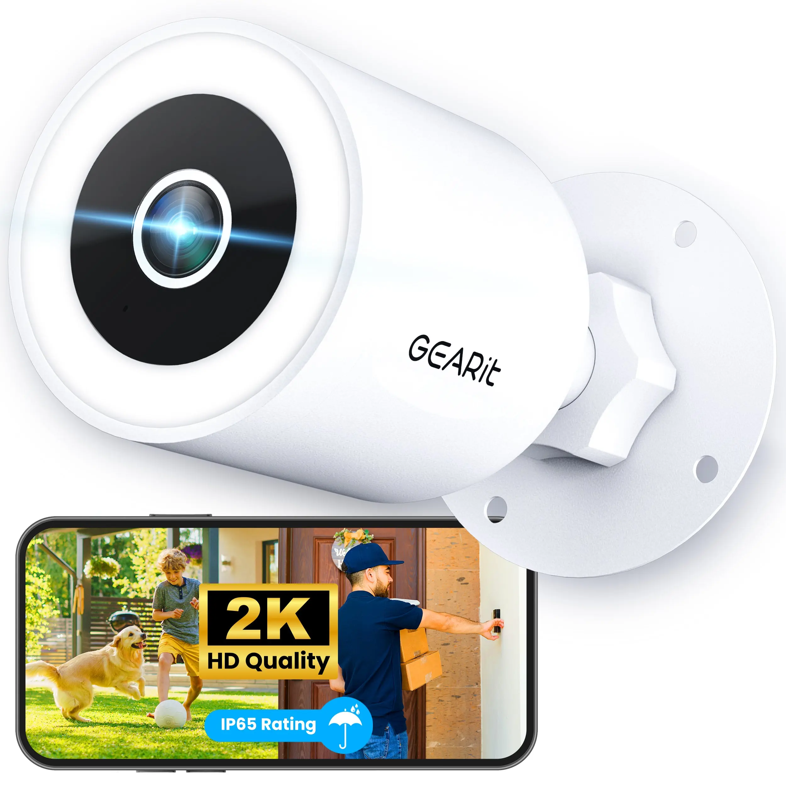 GEARit Cameras for Home Security - Outdoor Camera with Clear 2K HD Video - IP65 Weatherproof, Motion Detector Home Security Camera w/Color Night Vision, 2-Way Audio - Easy to Set Surveillance Camera