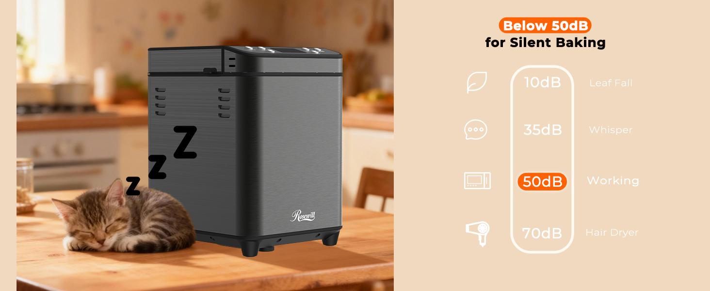 Rosewill 25-in-1 Automatic Bread Maker Machine with 3 Loaf Size up to 2LB, 700W High Power Dual Heater Bread Maker with BPA-free Nonstick Coating Pan, Max 15 Hours Delay Timer, Low Noise - Gray