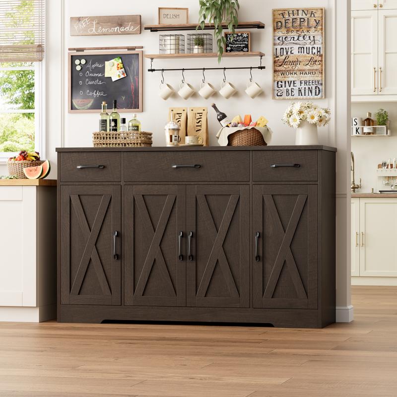 HOSTACK Modern Farmhouse Buffet Cabinet with Drawers 55" Large Sideboard Storage with Shelves Doors for Kitchen Dining Room