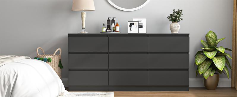 Spaco Modern Wide Black Dresser with 9 Drawers,Chest of Drawer Storage Cabinet for Clothes,Bedroom Storage Organizer Night Table for Bedroom,Closet