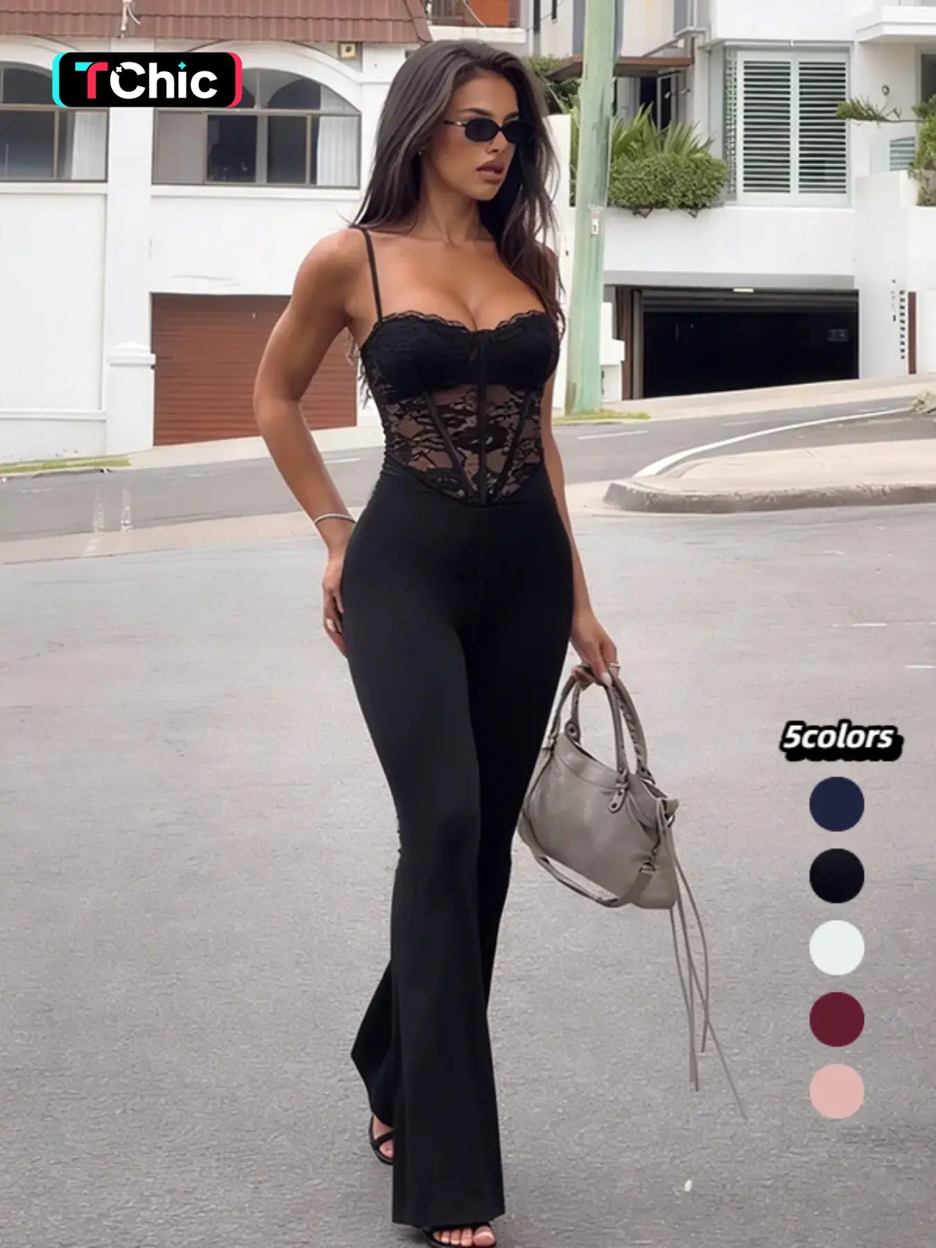 Lace Halter Sleeveless One-Piece Chic Casual Jumpsuit, Elegant Lace Design, Fabric, Comfortable Fit, Perfect for Casual & Formal Wear, Women's Fashion, Chic Jumpsuits