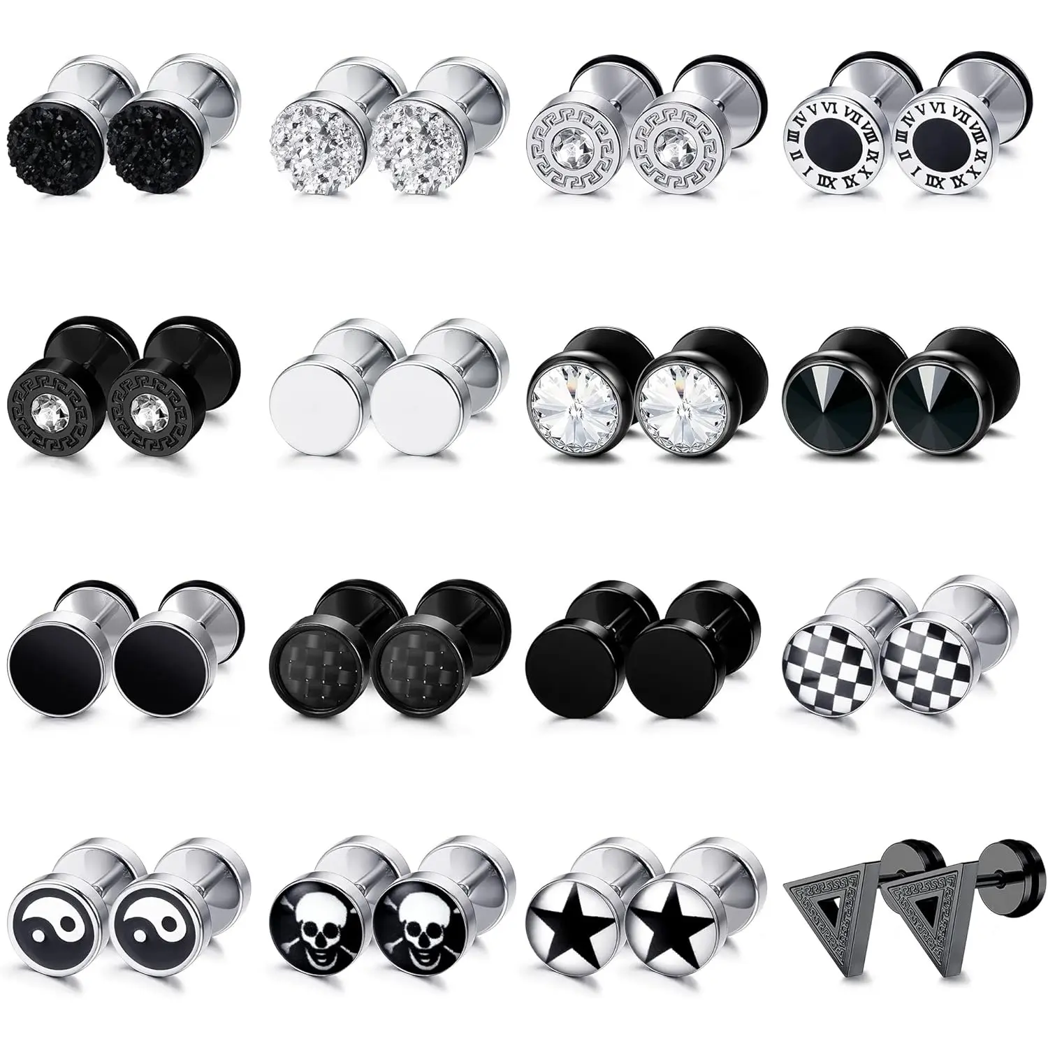 FIBO STEEL 9/16 Pairs Stainless Steel Stud Earrings for Men Women Fake Gauge Earrings Cheater Faux Gauges Ear Tunnel 8mm 18G 6.5mm Durable Comfortable