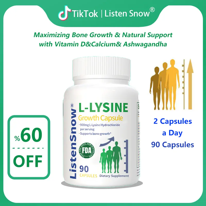 【Listensnow】L-Lysine & Calcium Vitamin D + Calc Blended Daily Supplement Capsules - 90 Caps Height Booster for Bone Development, Joint Support, 60% Off Natural Nutritional Supplement