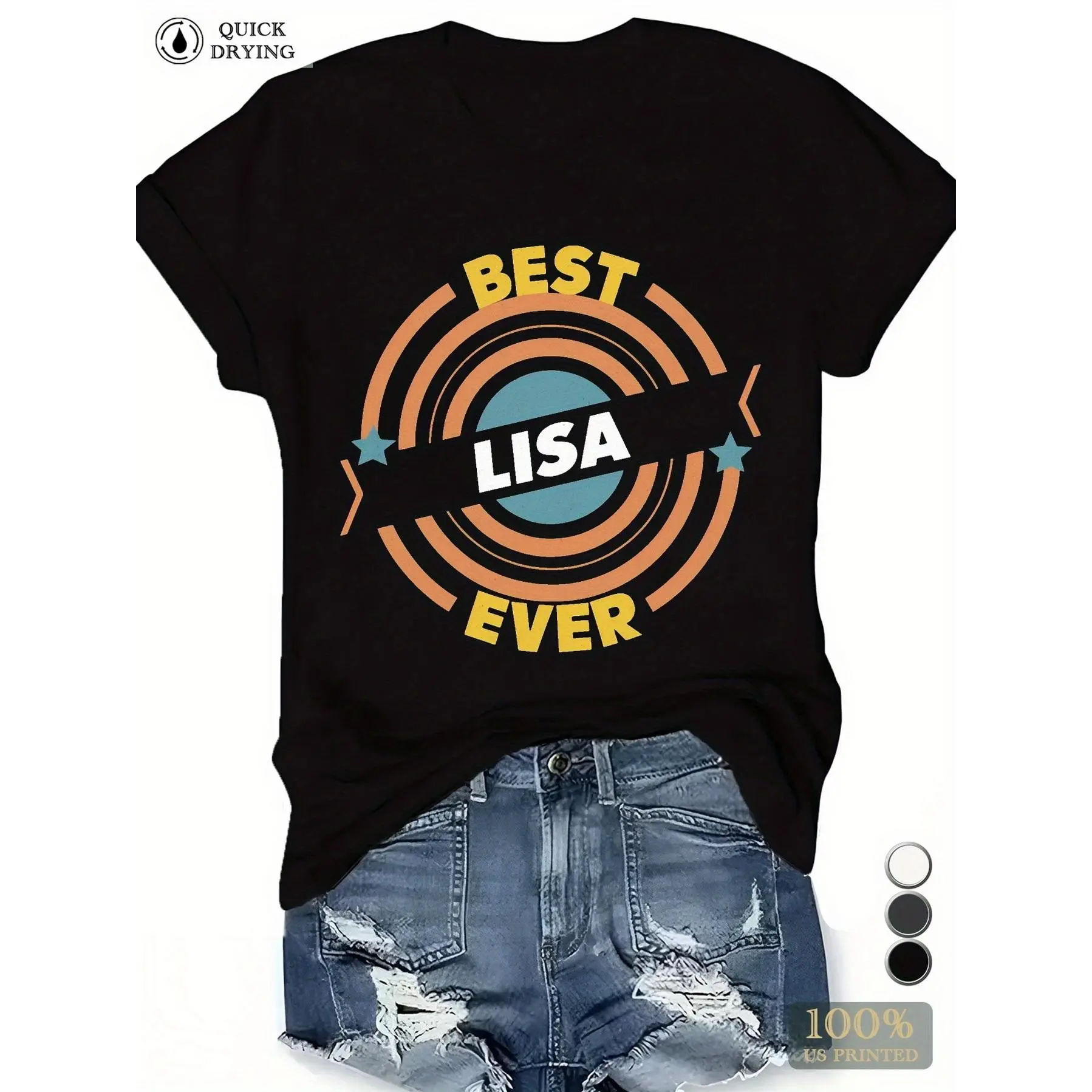 "Best Lisa Ever Graphic Tee | Women's 180g Black Cotton Round Neck Short Sleeve Casual Printed T-Shirt | Stylish Soft Comfy Top Perfect for Everyday Wear & Gift Idea"