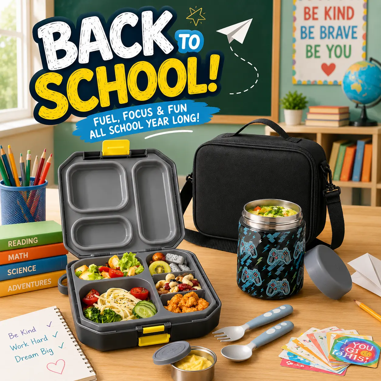 [Back To School]wiwens Bento Lunch Box for Kids with 12oz Soup Thermo Leak-Proof Lunch Food Container with 5 Compartment Thermo Hot Food Jar and Insulated Lunch Bag for Kid Toddler Girls Boys to School