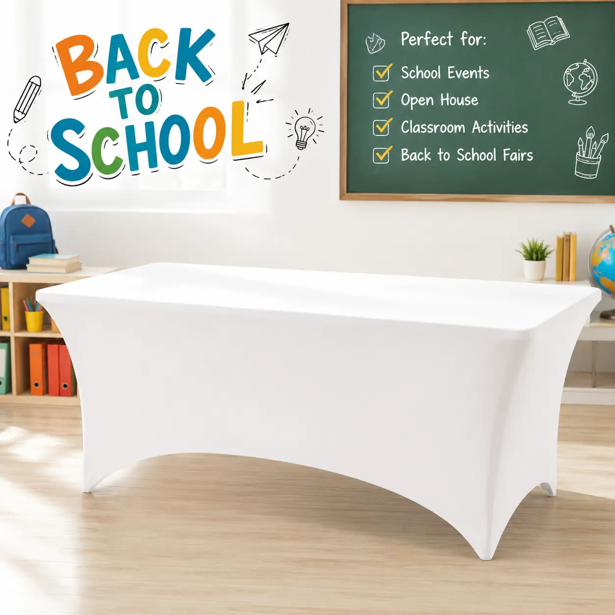 1/2/4PCS 6FT Back to School Stretch Tablecloth, Black Fitted Spandex Table Cover for School Registration, Classroom Welcome Tables, Reusable Wrinkle-Resistant