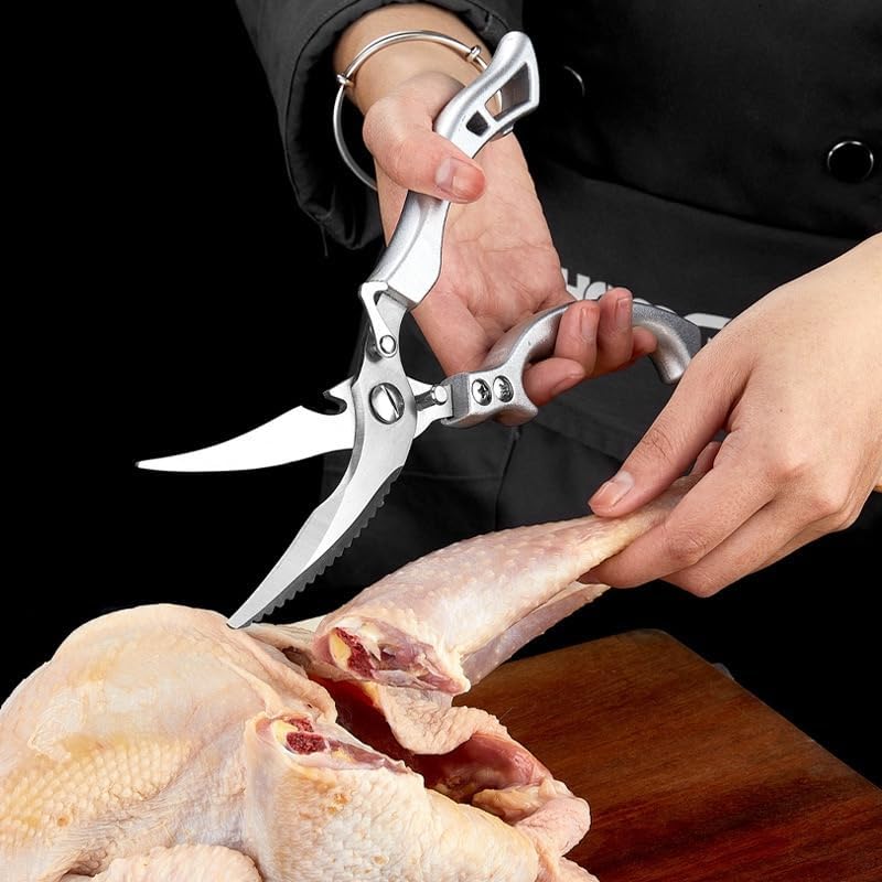 Heavy Duty Professional Poultry Shears, Spring-Loaded Stainless Steel Chef Scissors with Sheath Multipurpose Kitchen Gadget Cutting Bone, Chicken, Fish, Food, Meat.