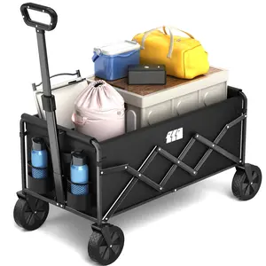 Collapsible Wagon Cart with Wheels Foldable - Folding Utility Heavy Duty Wagons Carts for Grocery Sports Garden Shopping Camping Wheelbarrows (Black, 90L)