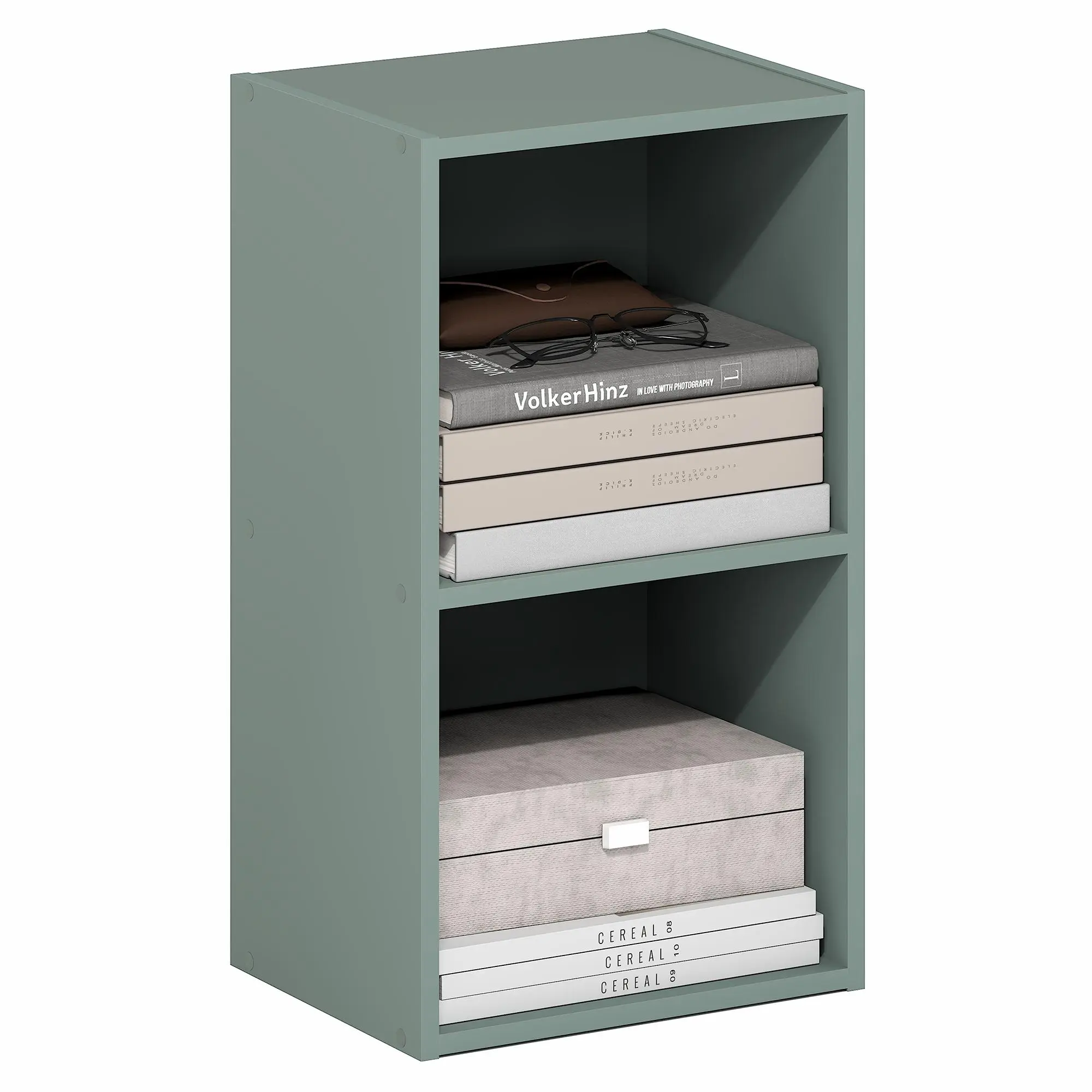 Sage Green 2-Tier Contemporary Composite Wood Open Bookshelf - Minimalist Decluttering Vertical Slim Storage Rack with Rigid Frame, 9x12x21", 30 lb Total Capacity, Clean Aesthetic Organizer for Home Office Dorm Finds, Storage Upgrade