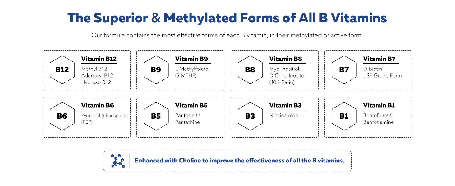 BioActive Vitamin B Complex | Methylated B-Vitamin Formula with Methylfolate, 3 Forms of B12, BenfoPure B1, and Pantesin B5 – 60 Servings