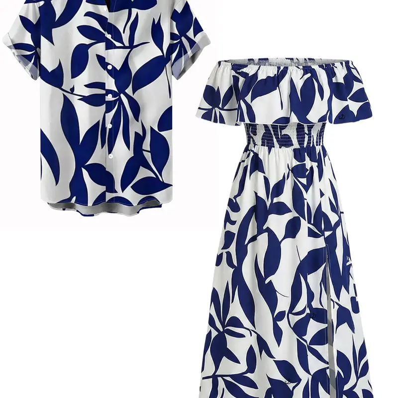 DRESSLILY 2026 Vacation Couple Outfit Women's Leaf Patten Off the Shoulder Slit Dress and Men's Button Up Shirt Matching Set