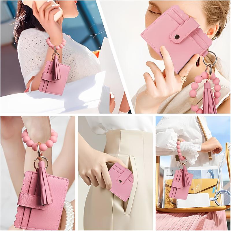 【2026 Womens Gift】Women's Smart Card Wallet，Fashion Beaded Decor Pu Leather Keychain,Card Capacity | ID Window | Cash Slot vintage wallet fashionable small pu leather wallet