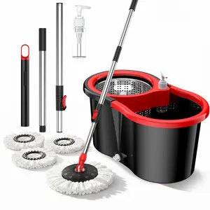 HOT Brand new stainless steel   set, including 3 replacement  heads  2-section extendable  handle for easy cleaning, featuring a  design. Black  red two-tone   set.    set. Commercial . System Spinning Mop Wet  Dry and Bucket industrial spin flat long
