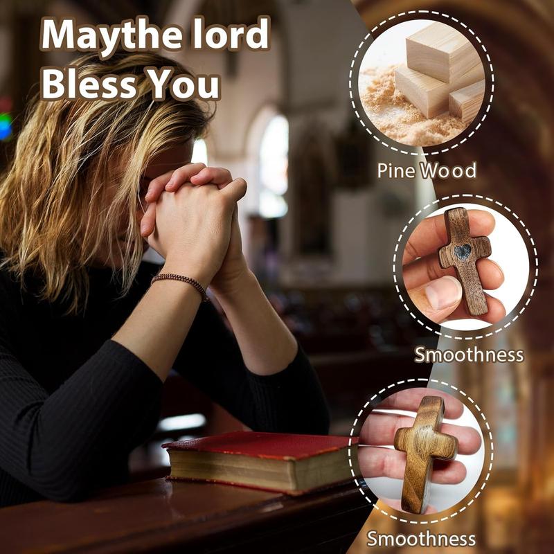 Handmade (3/6/10/20) Pcs Pocket Wooden Cross Fidget | Wooden Cross My Heart - Religious Ornaments Gift for Children and Adults, Rustic Style Decor Pocket Olive Worpo Cross Set for Christian Faith, Baptism, Prayer