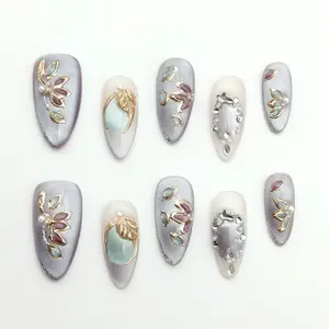 Moonovate | LILAC DREAM 10pcs Handmade Press On Nails Almond Nails REUSABLE 3D Gel Fake Nails Acrylic Press On Nails											