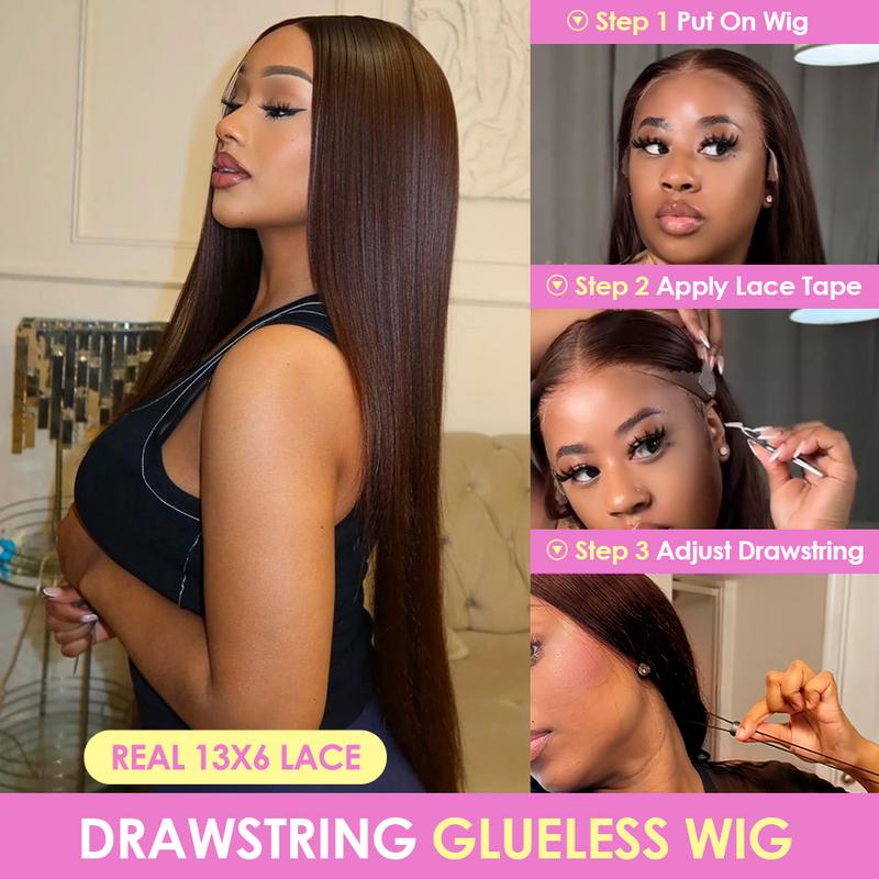 Pizazz Hair #4 Chocolate Brown Straight Glueless Wigs 13x6 HD Transparent Lace Frontal Wigs Human Hair Pre Plucked Natural HairLine With Drawstring