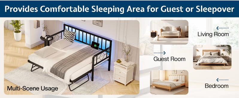 VanAcc Twin Daybed with Charging Station and LED Lights, Versatile Bed Frame with Steel Slats Support, Daybed with Trundle for Living Room, Bedroom, Guest Room