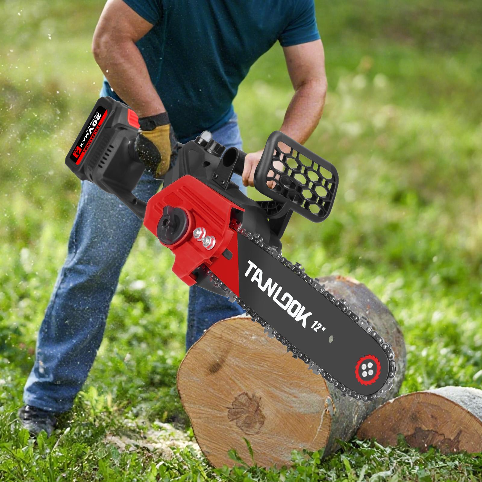 TANLOOK 12 Inch Brushless Electric Chainsaw Saw Logging Saw Pruning Woodworking Garden Power Tool 20V 2*4.0Ah Batteries Cutting Heavy Duty Portable Handle STU4