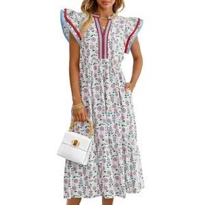 Wenrine Women's Summer Floral Midi Dresses Ruffle Cap Sleeve V Neck Flowy Boho Casual Beach Vacation Sundress