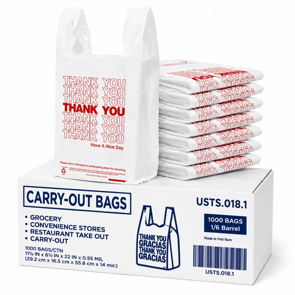 TP Plastic Thank You Bags 1000 Pack – White T-Shirt Bags with Handles for Small Business, Grocery & Takeout (11.5"x6.5"x22")