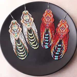 Handmade Glass Bead Tassel Earrings for Teenagers Bohemian Ethnic Style Brass Ear Studs